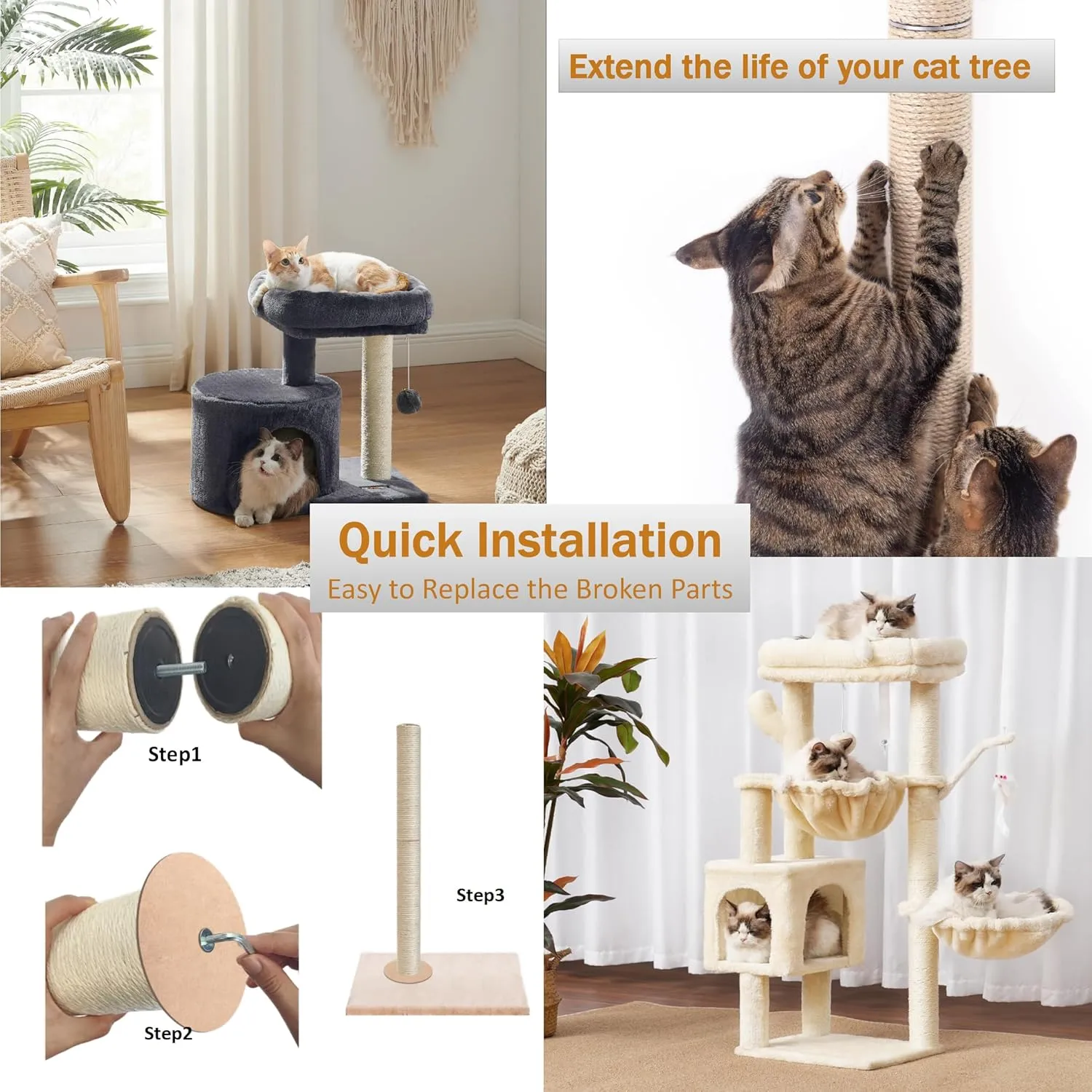 Cat Scratch Post, 8,11.8,15.7,19.6,31.5inch sisal Pole Cat Tree Replacement Post with M8 Screws, Indoor cat Tower Spare Furniture Protector with Scratch Post Filling (11.8inch-1Pcs)