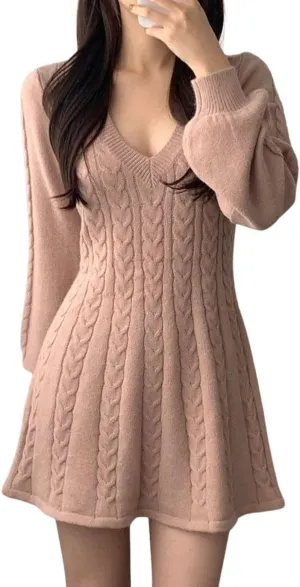 CHARTOU Women Fall Chunky Cable Knit V Neck Lantern Long Sleeve Pullover Sweater Dress