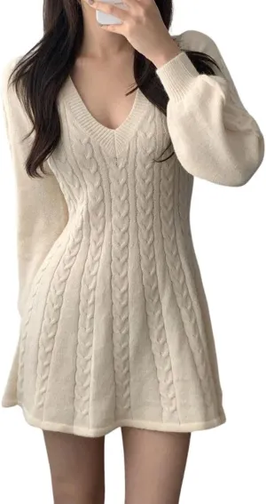 CHARTOU Women Fall Chunky Cable Knit V Neck Lantern Long Sleeve Pullover Sweater Dress