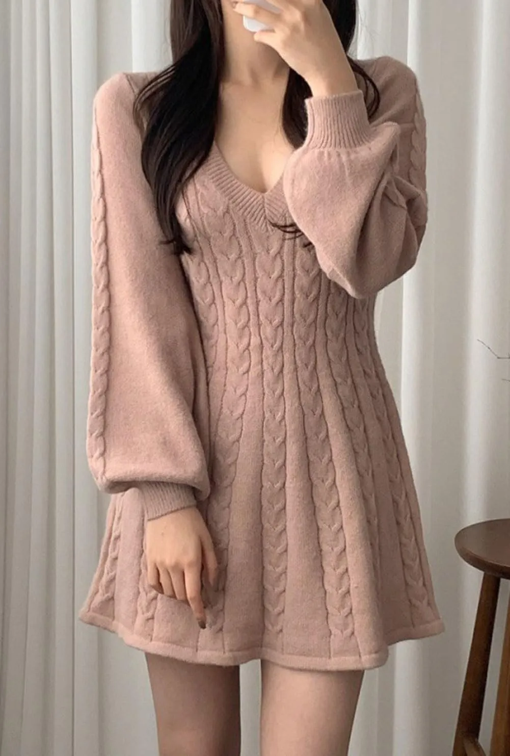 CHARTOU Women Fall Chunky Cable Knit V Neck Lantern Long Sleeve Pullover Sweater Dress