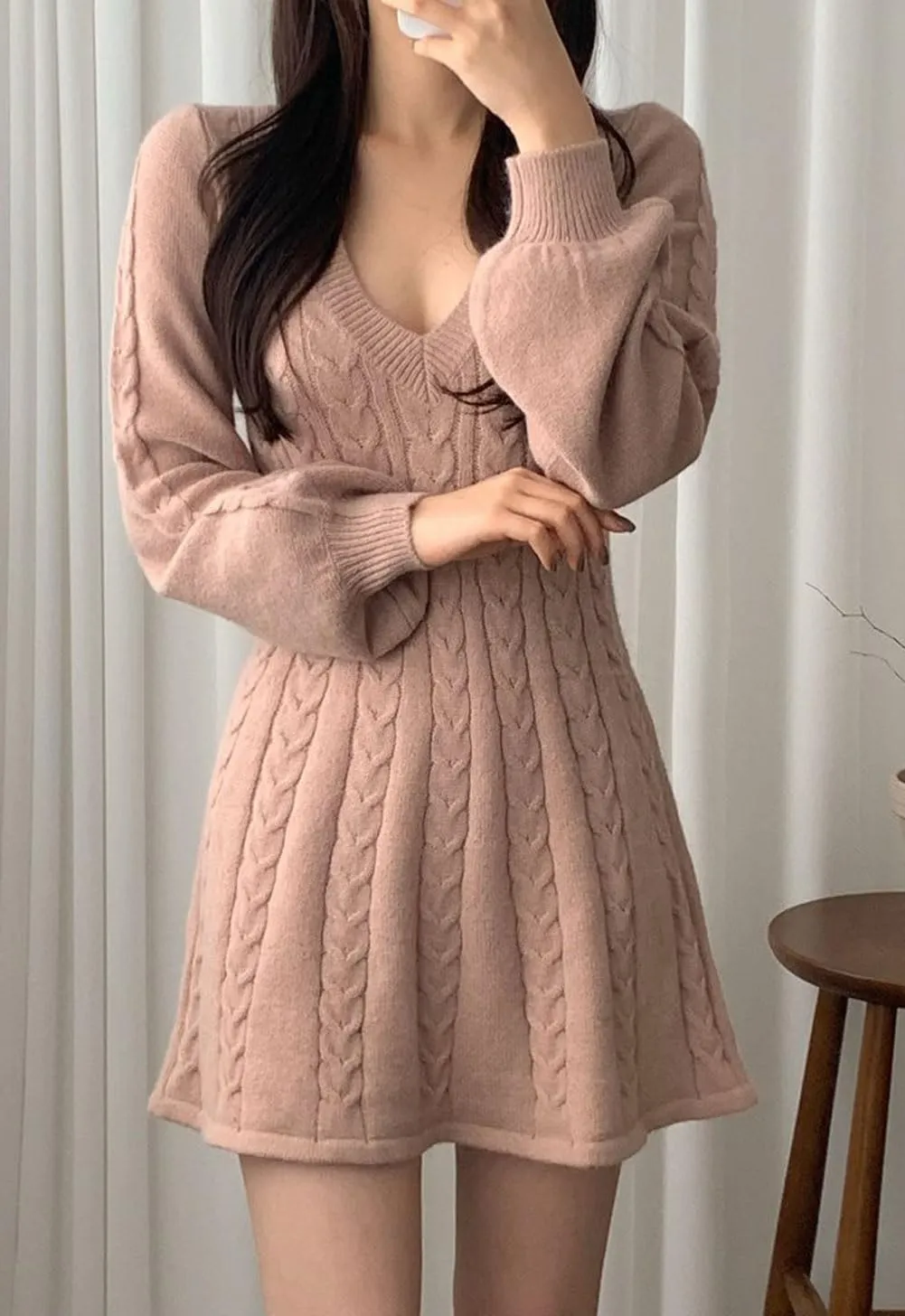 CHARTOU Women Fall Chunky Cable Knit V Neck Lantern Long Sleeve Pullover Sweater Dress