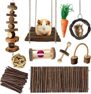 Chinchilla Toys Hamster Chew Toys Guinea Pig Toys Rat Toys Hamster Cage Accessories Small Animal Teeth Care Apple Wooden Accessories Set,Ball Ladder Bridge Swing Roller for Playground