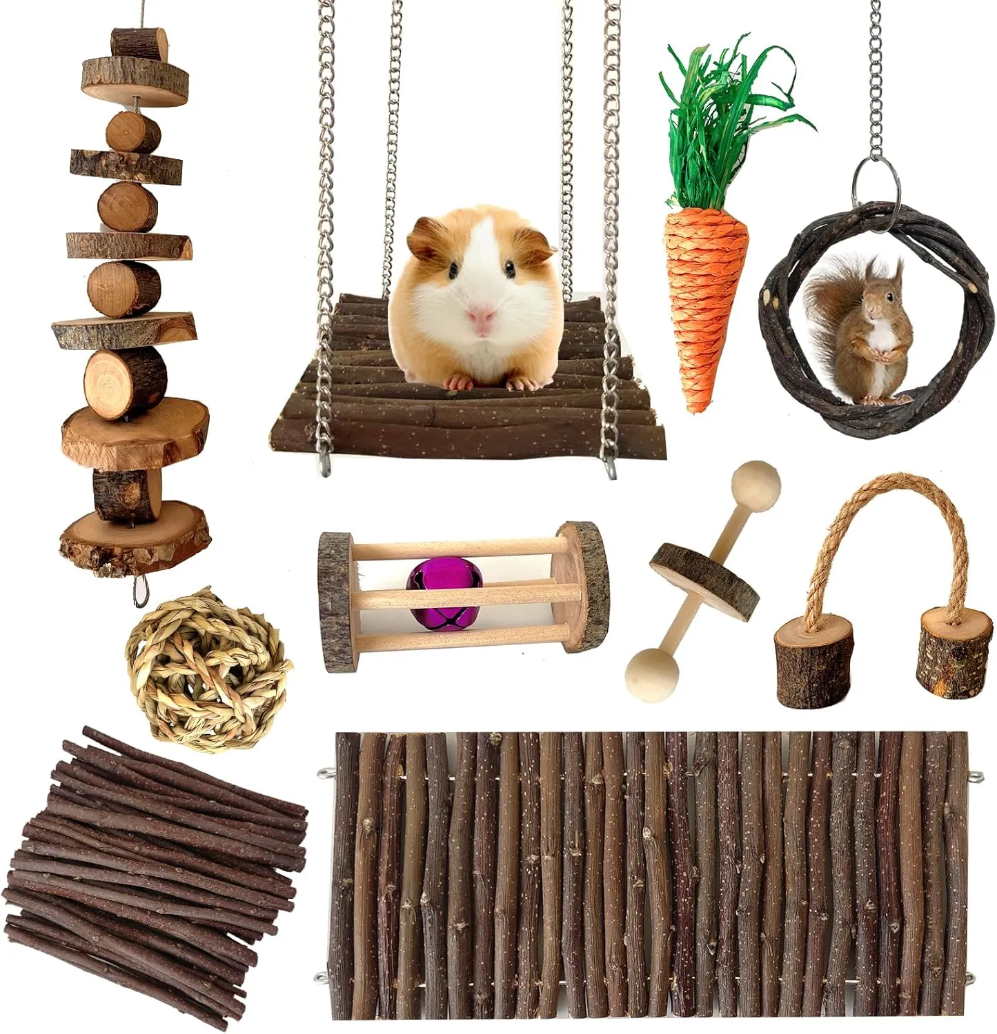 Chinchilla Toys Hamster Chew Toys Guinea Pig Toys Rat Toys Hamster Cage Accessories Small Animal Teeth Care Apple Wooden Accessories Set,Ball Ladder Bridge Swing Roller for Playground