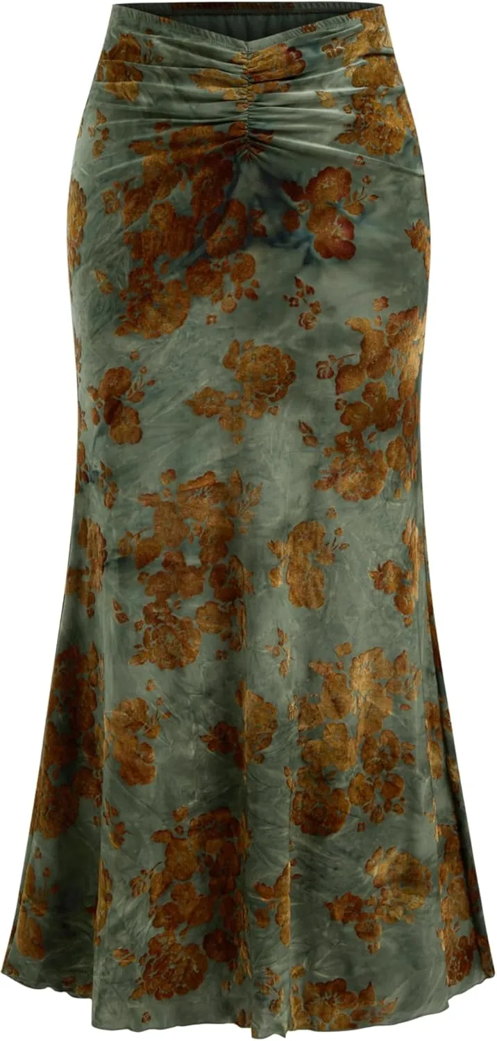 CIDER Skirt Maxi Skirt for Women Floral Print Ruched Bodycon Fishtail Long Skirt Mid Waist Long Skirt Boho