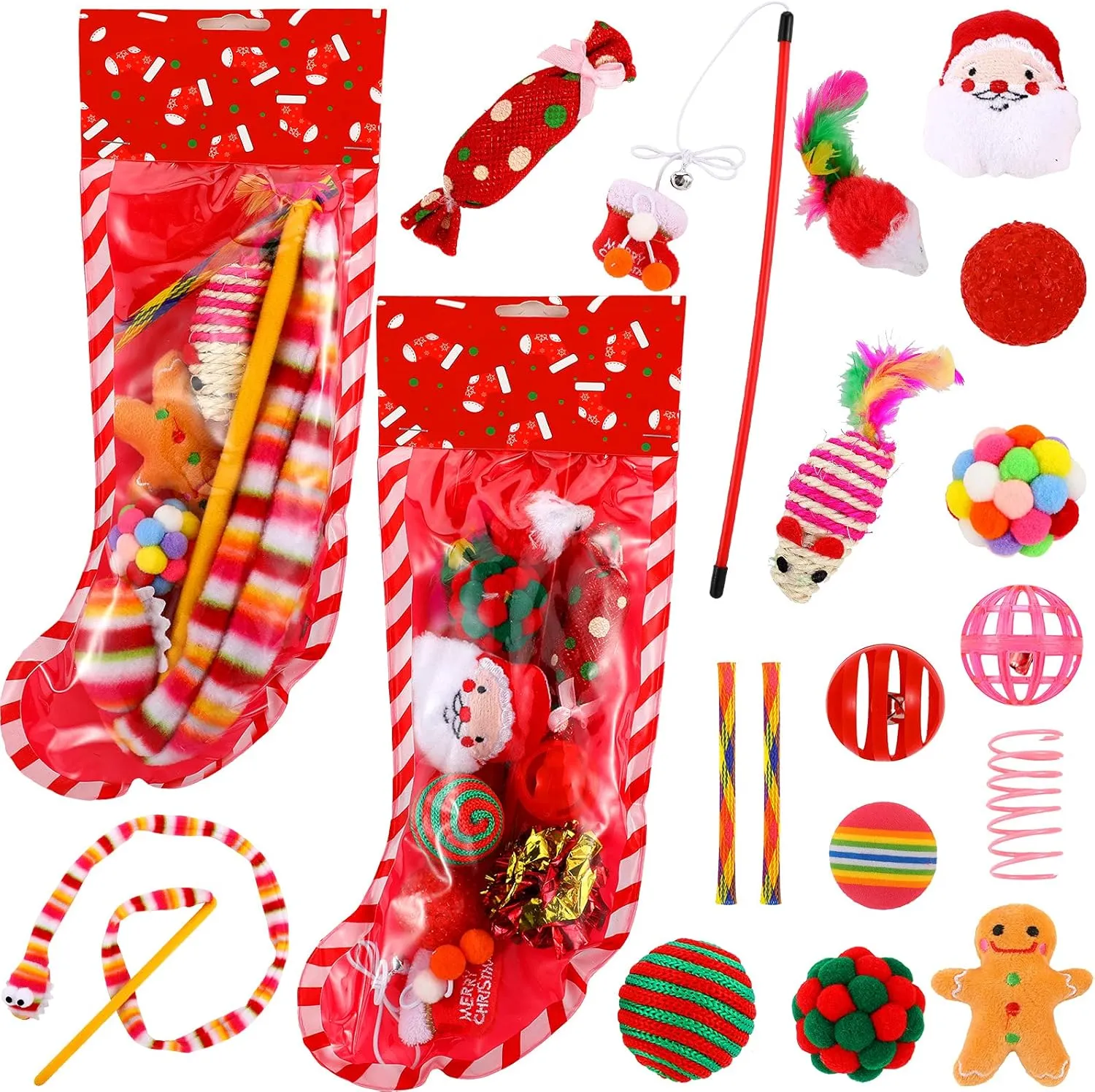 Civaner 18 Pieces Christmas Cat Toys Stocking Cat Holiday Pet Stockings with Kitten Ball Kitty Catnip Toys Indoor Interactive Refillable Xmas for Kitty, 2 Sets