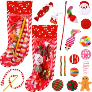 Civaner 18 Pieces Christmas Cat Toys Stocking Cat Holiday Pet Stockings with Kitten Ball Kitty Catnip Toys Indoor Interactive Refillable Xmas for Kitty, 2 Sets