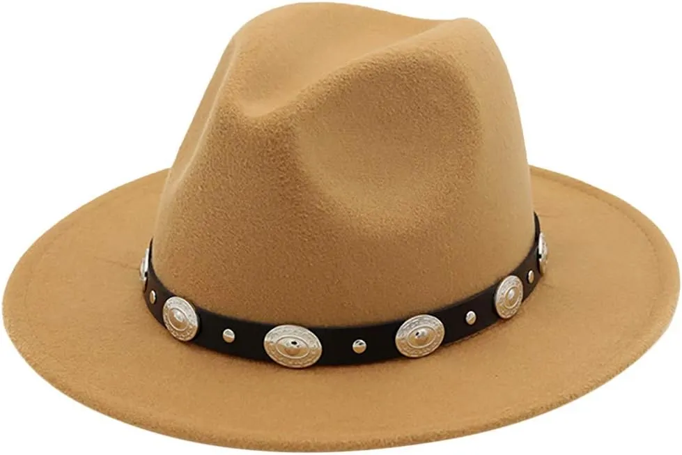 Classic Western Cowboy & Cowgirl Hat Felt Wide Brim Women Men Fedora Hats Decoration with Western Belt Bukle