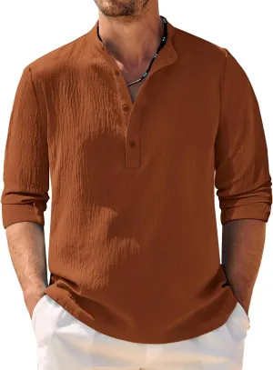 COOFANDY Men's Casual Henley Shirt Band Collar Long Sleeve Shirt Beach Hippie Summer Button T Shirt