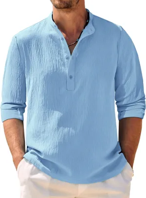 COOFANDY Men's Casual Henley Shirt Band Collar Long Sleeve Shirt Beach Hippie Summer Button T Shirt
