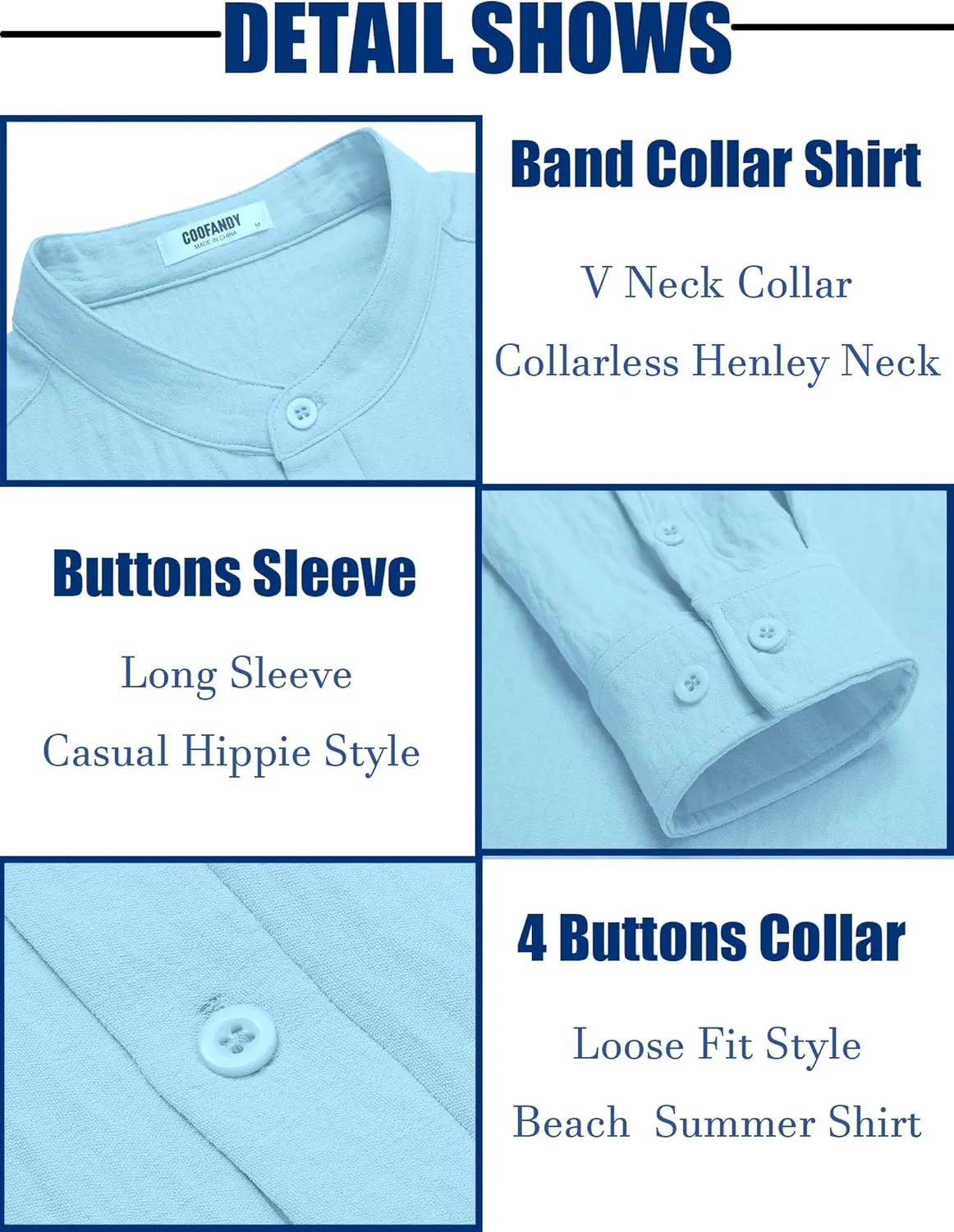 COOFANDY Men's Casual Henley Shirt Band Collar Long Sleeve Shirt Beach Hippie Summer Button T Shirt