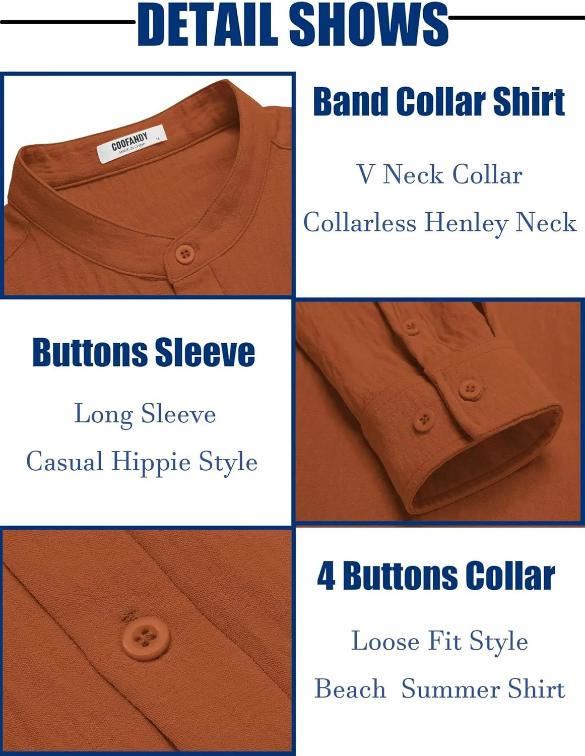 COOFANDY Men's Casual Henley Shirt Band Collar Long Sleeve Shirt Beach Hippie Summer Button T Shirt