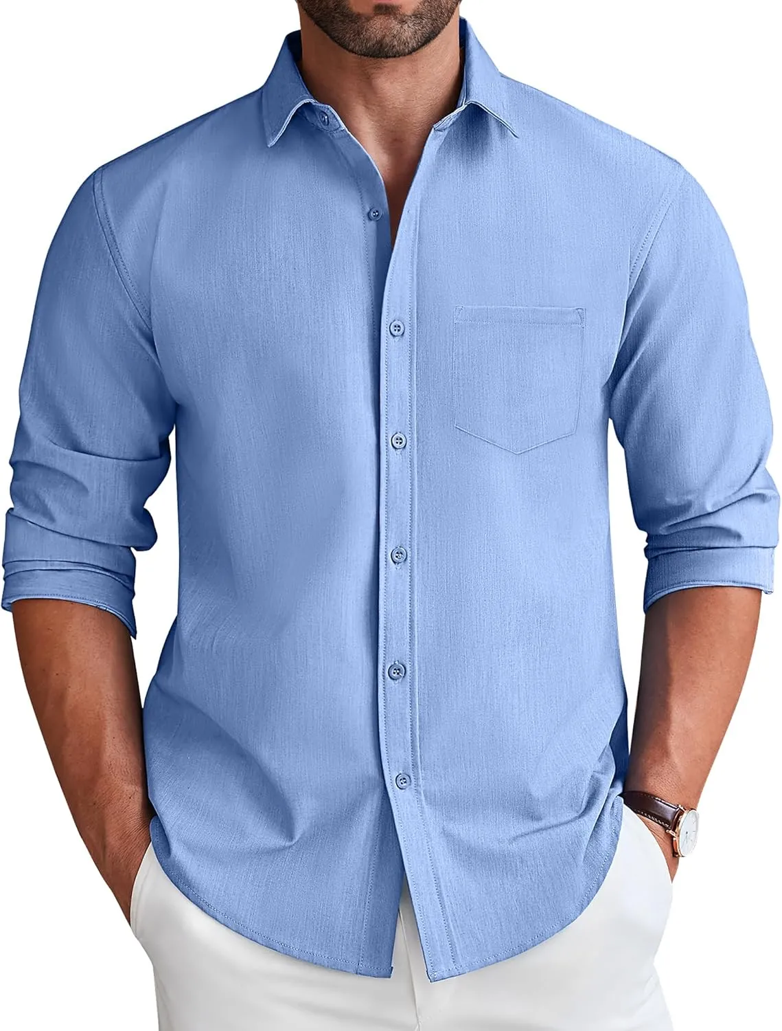 COOFANDY Men's Long Sleeve Button Down Shirt Wrinkle Free Untucked Dress Shirt Casual Denim Shirt