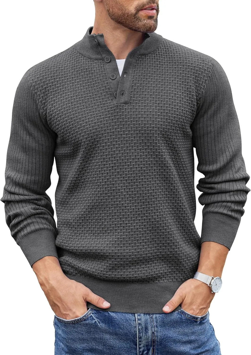 COOFANDY Men's Quarter Button Sweater Lightweight Mock Neck Pullover Sweater Fashion Casual Knitted Henley Sweater
