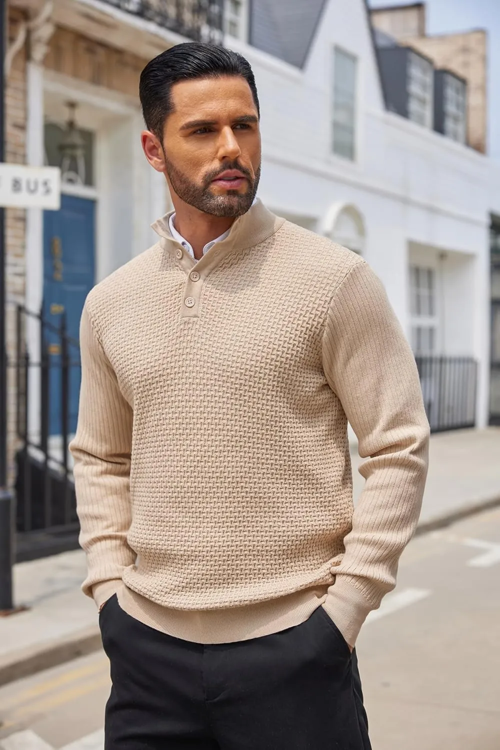 COOFANDY Men's Quarter Button Sweater Lightweight Mock Neck Pullover Sweater Fashion Casual Knitted Henley Sweater