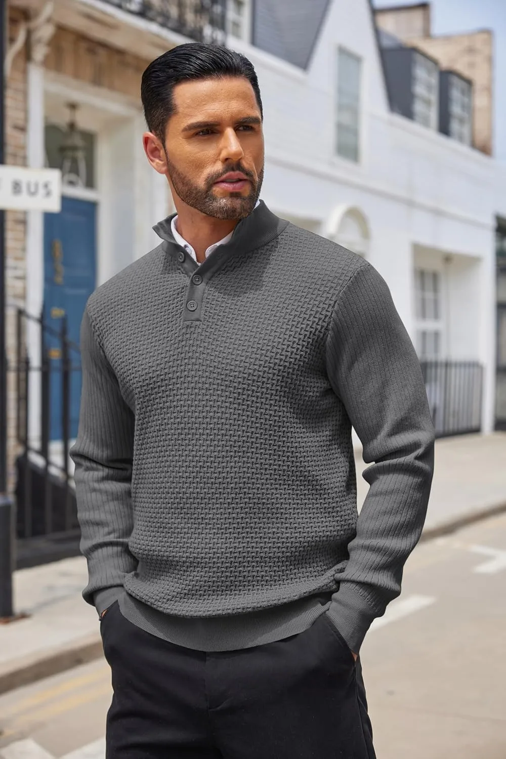 COOFANDY Men's Quarter Button Sweater Lightweight Mock Neck Pullover Sweater Fashion Casual Knitted Henley Sweater