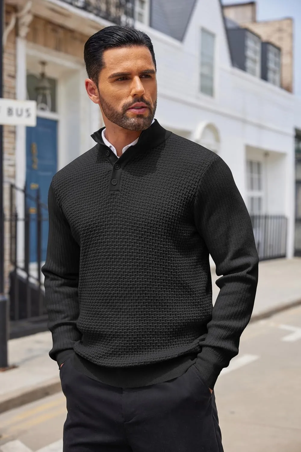 COOFANDY Men's Quarter Button Sweater Lightweight Mock Neck Pullover Sweater Fashion Casual Knitted Henley Sweater