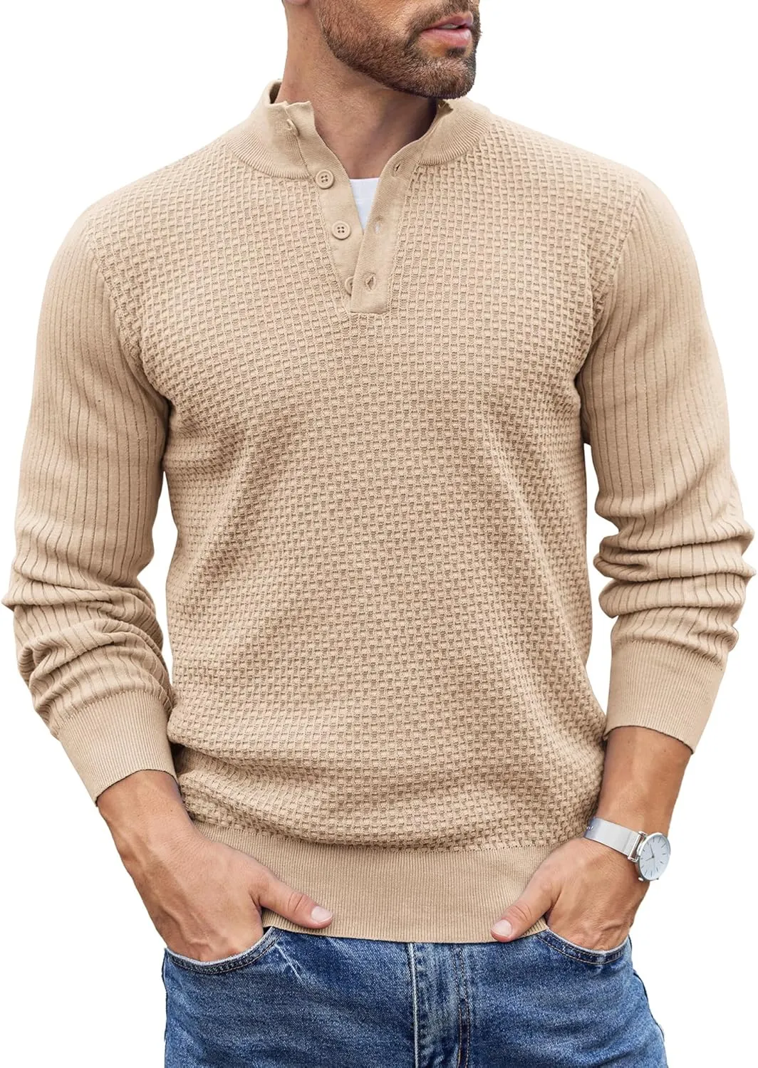 COOFANDY Men's Quarter Button Sweater Lightweight Mock Neck Pullover Sweater Fashion Casual Knitted Henley Sweater