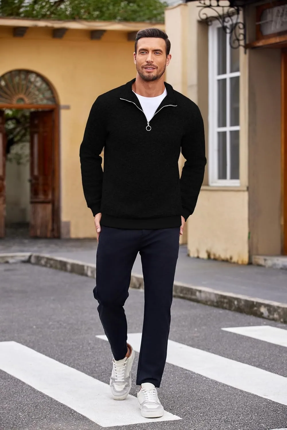 COOFANDY Men's Quarter Zip Pullover Casual Long Sleeve Sweater Slim Fit Sweater Mock Neck Polo Sweater