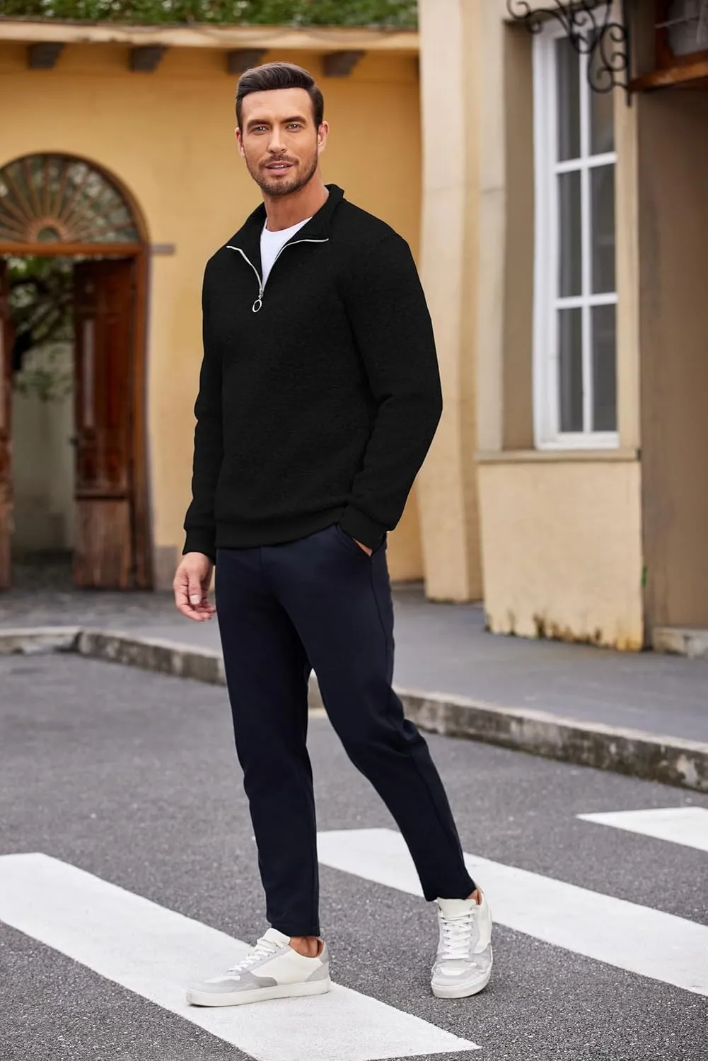 COOFANDY Men's Quarter Zip Pullover Casual Long Sleeve Sweater Slim Fit Sweater Mock Neck Polo Sweater