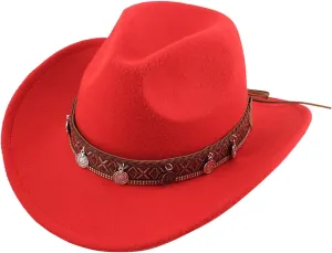 Cowboy Hat for Women Men Western Felt Cowboy Cowgirl Hat Wide Brim Retro Classic Roll Up Fedora Hats with Belt Buckle
