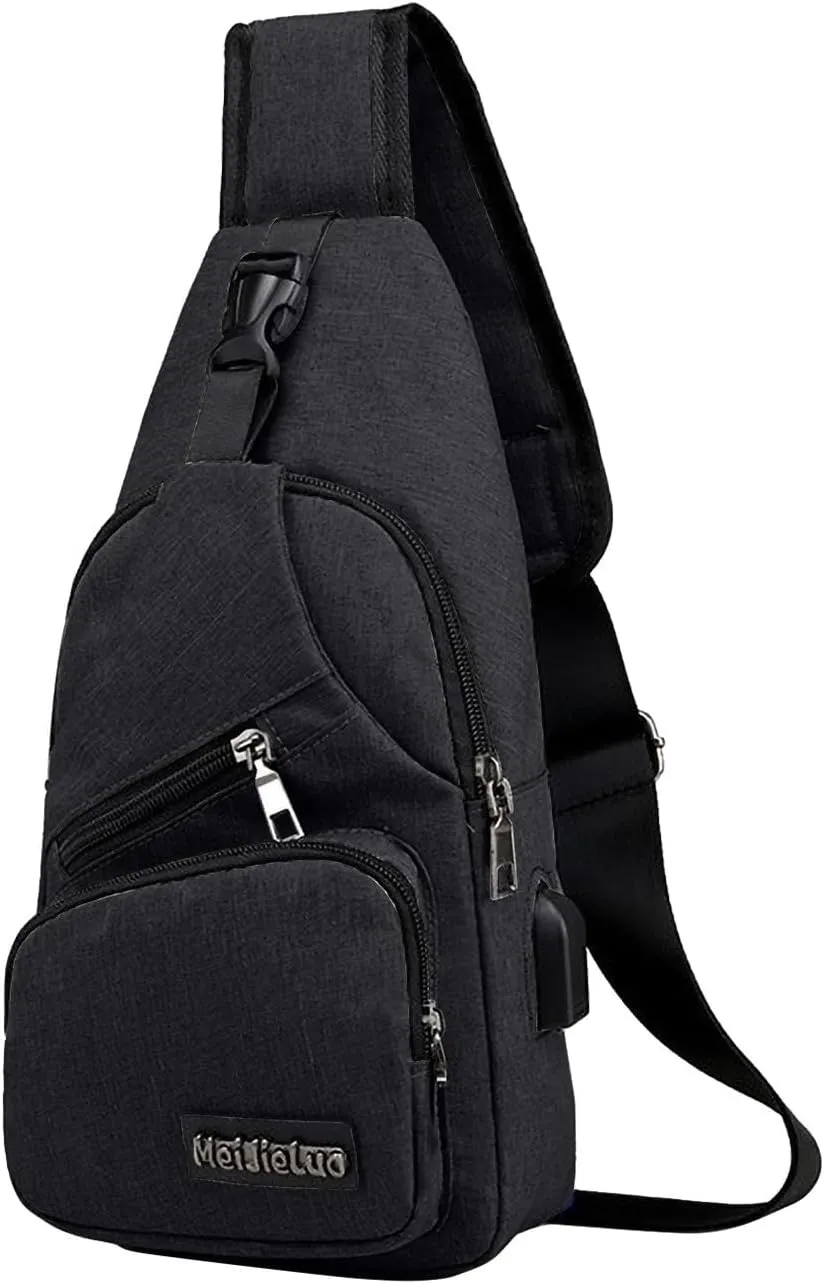 Crossbody Sling Bag, Water-Proof Crossbody Backpack/Shoulder Bag with USB Charging Port, Lightweight Shoulder Chest Bags (Black)