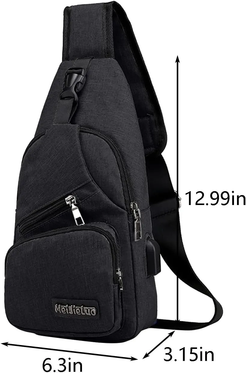 Crossbody Sling Bag, Water-Proof Crossbody Backpack/Shoulder Bag with USB Charging Port, Lightweight Shoulder Chest Bags (Black)