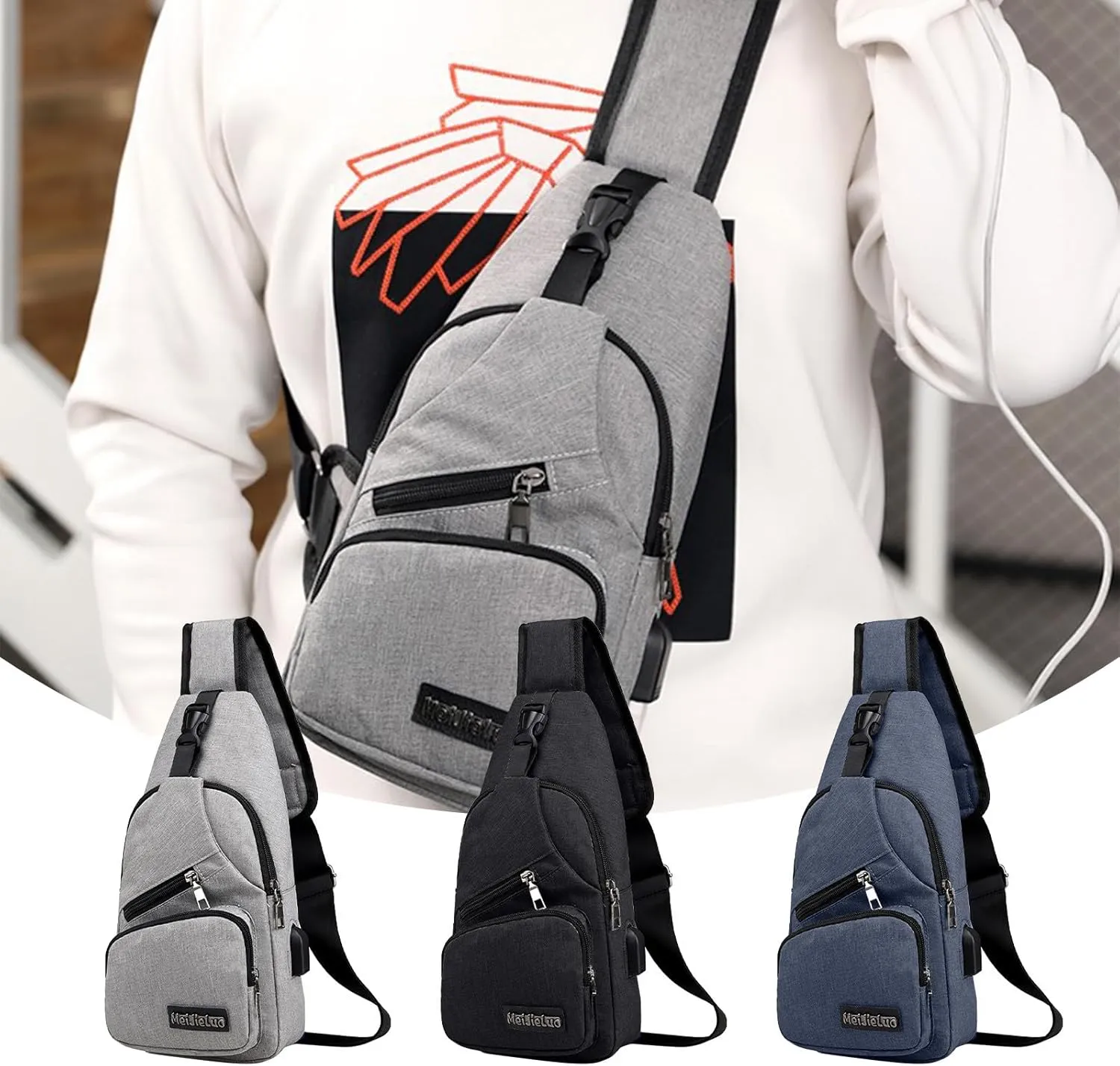 Crossbody Sling Bag, Water-Proof Crossbody Backpack/Shoulder Bag with USB Charging Port, Lightweight Shoulder Chest Bags (Black)