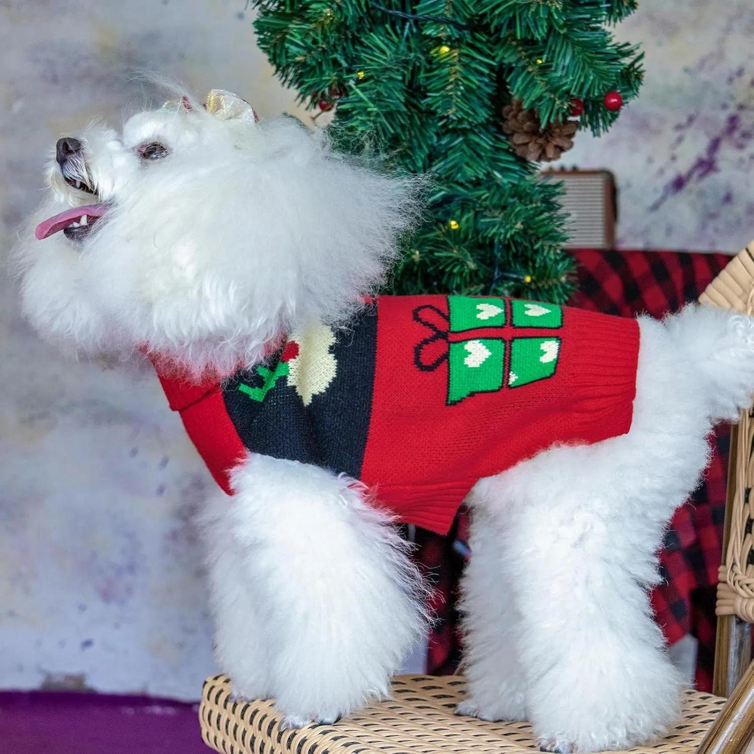 CuteBone Christmas Dog Sweater for Small Dogs X-mas Knit Puppy Sweater Turtleneck Pet Winter Clothes Cat Apparel with Harness Hole