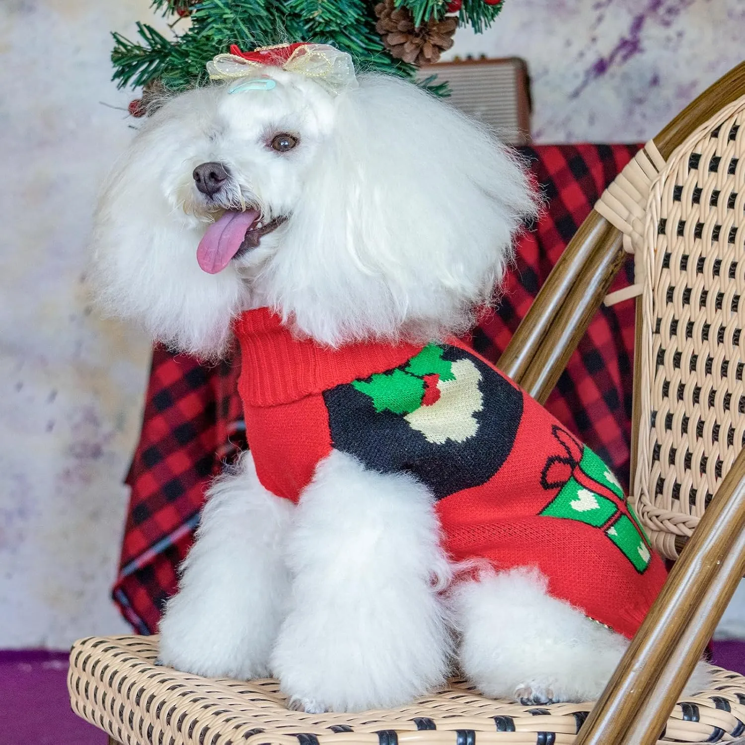 CuteBone Christmas Dog Sweater for Small Dogs X-mas Knit Puppy Sweater Turtleneck Pet Winter Clothes Cat Apparel with Harness Hole