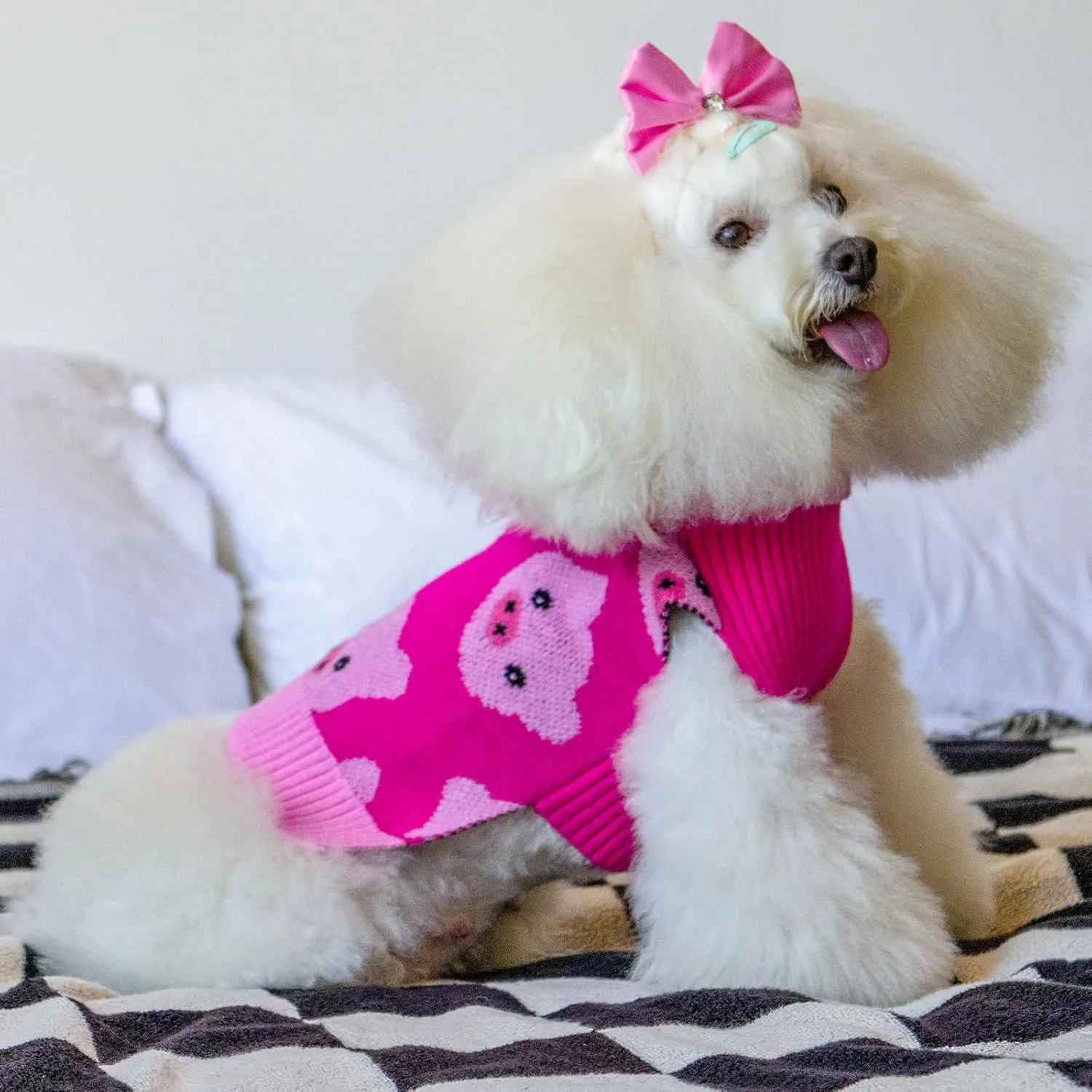 CuteBone Dog Sweater for Small Medium Dogs Pink Pig Knit Puppy Sweater Turtleneck Pet Winter Clothes Cat Apparel with Harness Hole