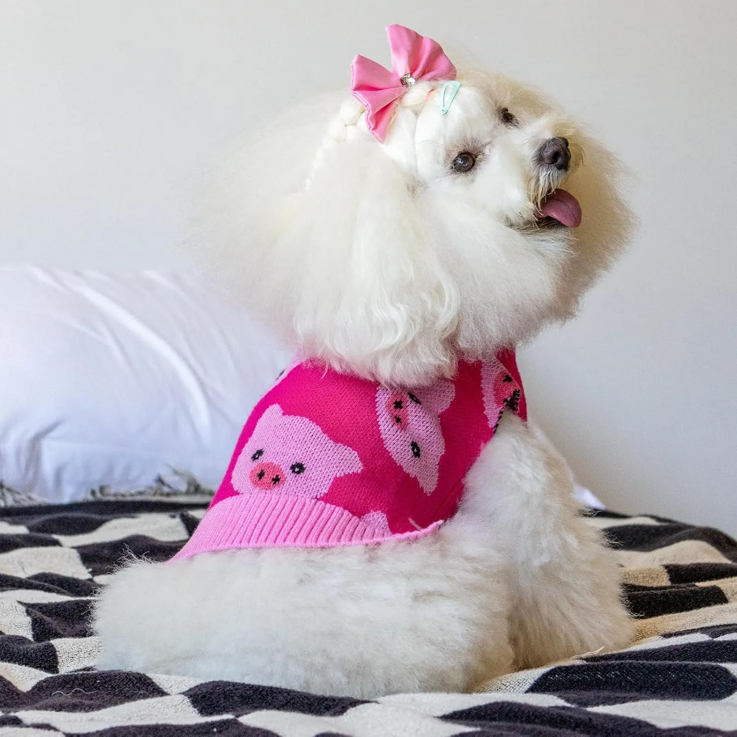 CuteBone Dog Sweater for Small Medium Dogs Pink Pig Knit Puppy Sweater Turtleneck Pet Winter Clothes Cat Apparel with Harness Hole