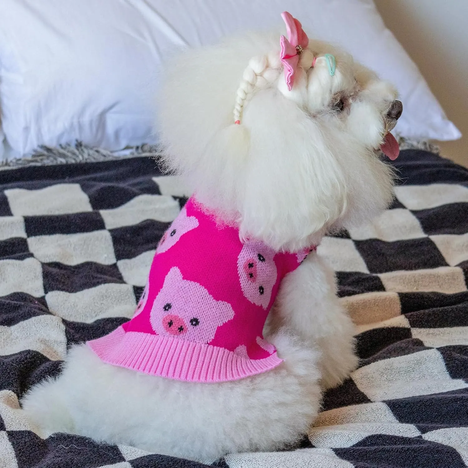 CuteBone Dog Sweater for Small Medium Dogs Pink Pig Knit Puppy Sweater Turtleneck Pet Winter Clothes Cat Apparel with Harness Hole
