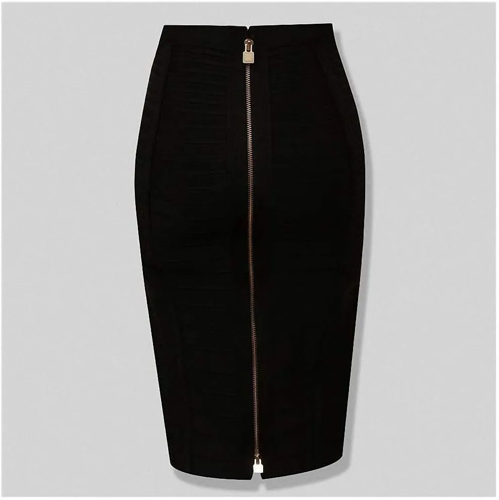 Dawery Women Bandage Striped Zipper Double Open Sexy High Waist Bodycon Hip Pencil Skirt Knee Length Medium Long Elastic Slim