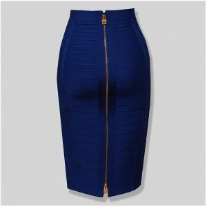 Dawery Women Bandage Striped Zipper Double Open Sexy High Waist Bodycon Hip Pencil Skirt Knee Length Medium Long Elastic Slim