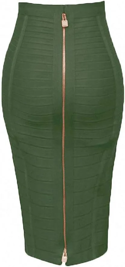 Dawery Women Bandage Striped Zipper Double Open Sexy High Waist Bodycon Hip Pencil Skirt Knee Length Medium Long Elastic Slim