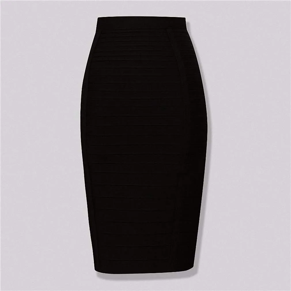 Dawery Women Bandage Striped Zipper Double Open Sexy High Waist Bodycon Hip Pencil Skirt Knee Length Medium Long Elastic Slim