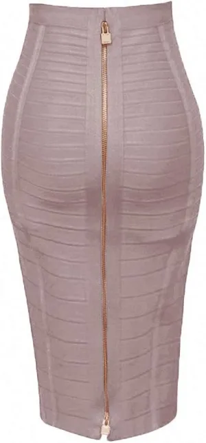 Dawery Women Bandage Striped Zipper Double Open Sexy High Waist Bodycon Hip Pencil Skirt Knee Length Medium Long Elastic Slim