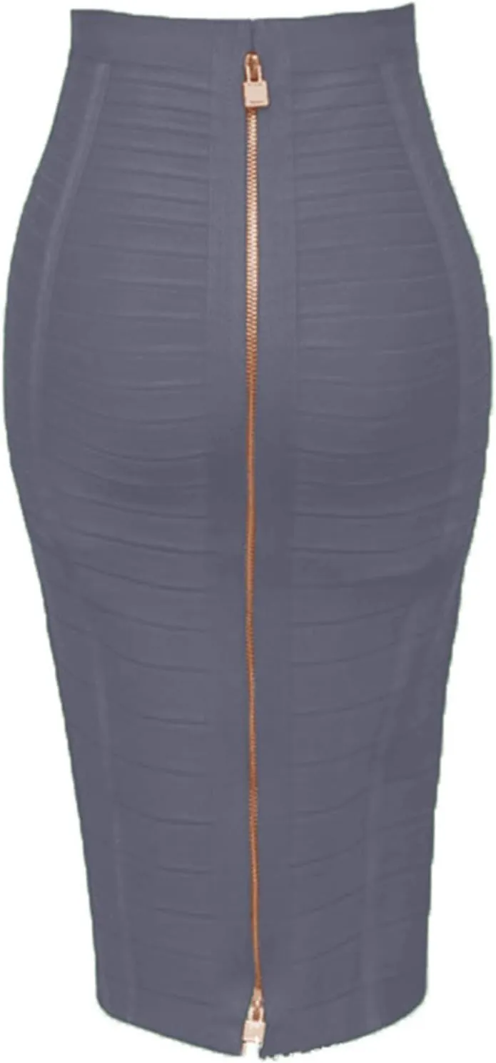 Dawery Women Bandage Striped Zipper Double Open Sexy High Waist Bodycon Hip Pencil Skirt Knee Length Medium Long Elastic Slim