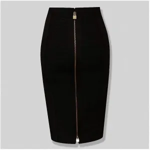 Dawery Women Bandage Striped Zipper Double Open Sexy High Waist Bodycon Hip Pencil Skirt Knee Length Medium Long Elastic Slim