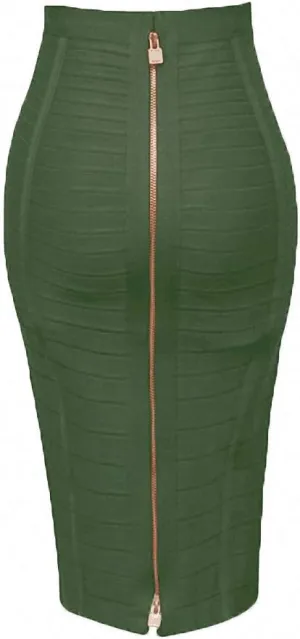 Dawery Women Bandage Striped Zipper Double Open Sexy High Waist Bodycon Hip Pencil Skirt Knee Length Medium Long Elastic Slim