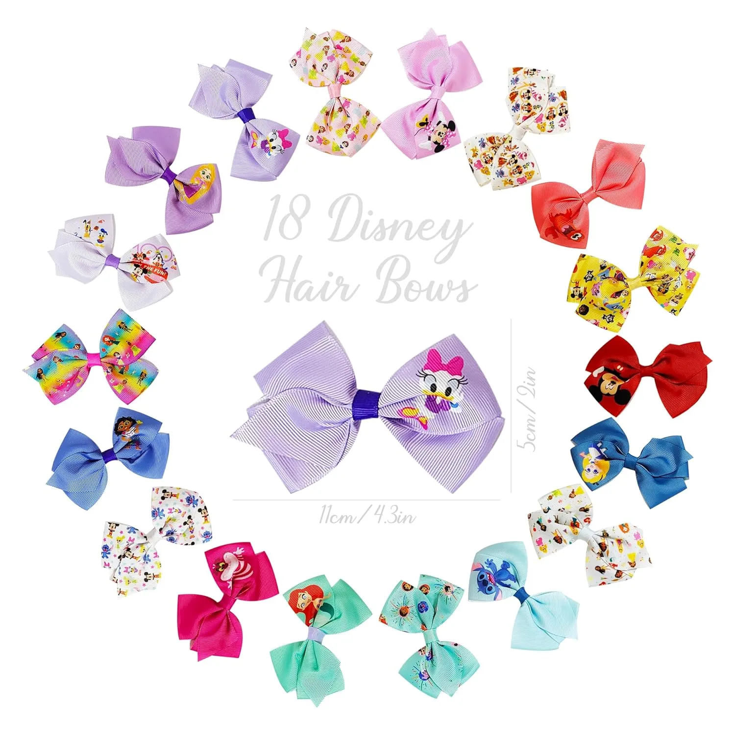 Disney 100th Anniversary Special Hair Accessory for Girls|18pc Disney Hair Bow Clips Featuring Favorite Characters with a String Bag Bow Holder with hanger. For all occasions & ages 3 