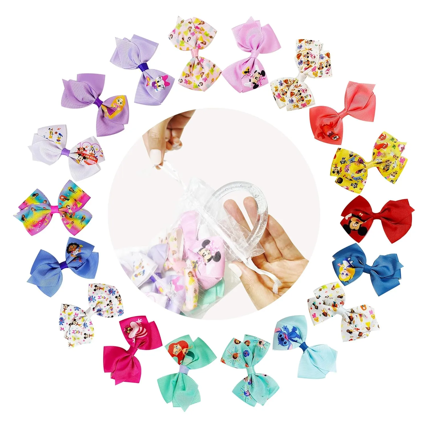 Disney 100th Anniversary Special Hair Accessory for Girls|18pc Disney Hair Bow Clips Featuring Favorite Characters with a String Bag Bow Holder with hanger. For all occasions & ages 3 