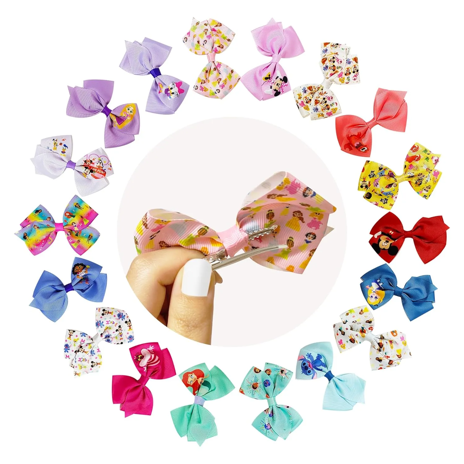 Disney 100th Anniversary Special Hair Accessory for Girls|18pc Disney Hair Bow Clips Featuring Favorite Characters with a String Bag Bow Holder with hanger. For all occasions & ages 3 