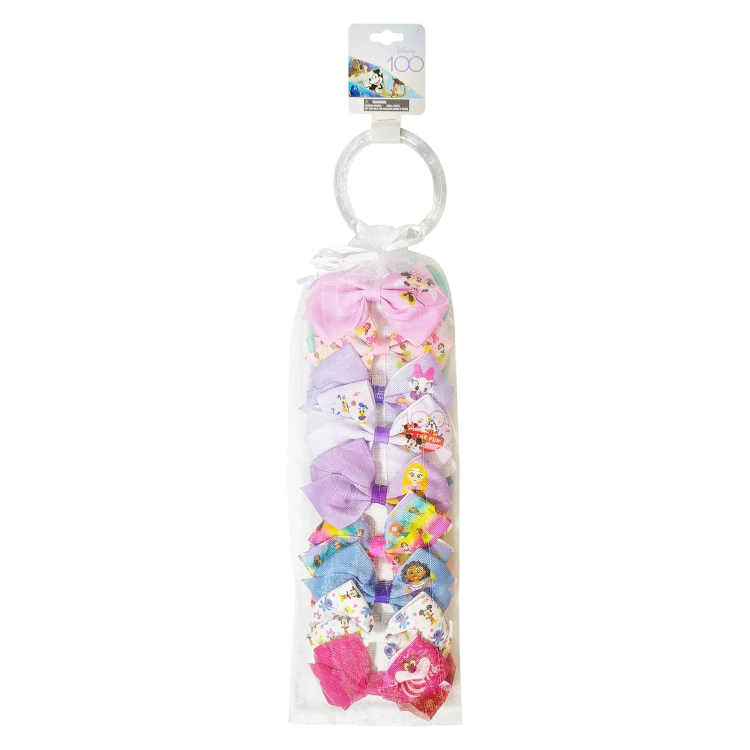 Disney 100th Anniversary Special Hair Accessory for Girls|18pc Disney Hair Bow Clips Featuring Favorite Characters with a String Bag Bow Holder with hanger. For all occasions & ages 3 