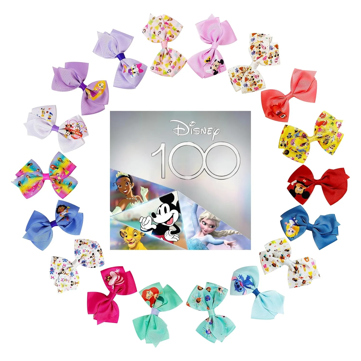 Disney 100th Anniversary Special Hair Accessory for Girls|18pc Disney Hair Bow Clips Featuring Favorite Characters with a String Bag Bow Holder with hanger. For all occasions & ages 3 