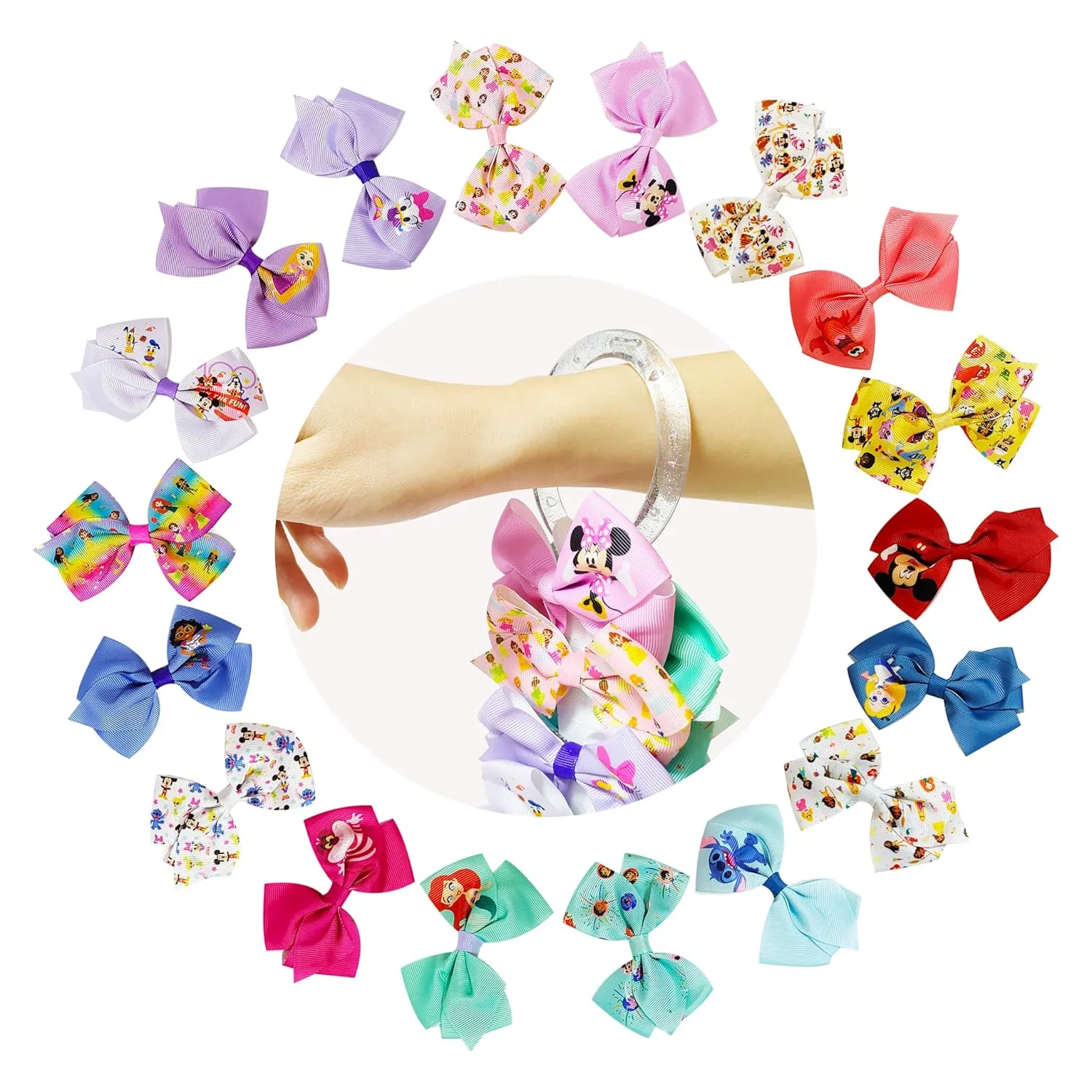Disney 100th Anniversary Special Hair Accessory for Girls|18pc Disney Hair Bow Clips Featuring Favorite Characters with a String Bag Bow Holder with hanger. For all occasions & ages 3 