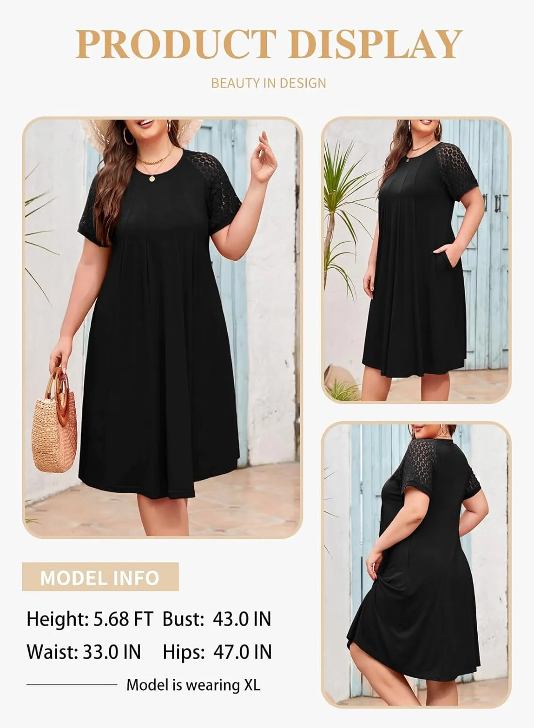 Eytino Womens Plus Size Dress Lace Short Sleeve Crewneck Casual Pleated Swing Midi Dresses with Pockets(1X-5X)