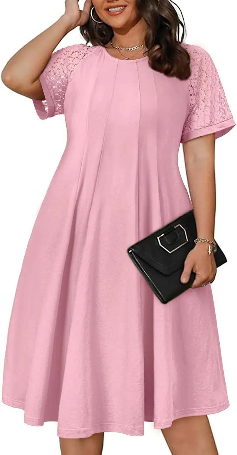 Eytino Womens Plus Size Dress Lace Short Sleeve Crewneck Casual Pleated Swing Midi Dresses with Pockets(1X-5X)