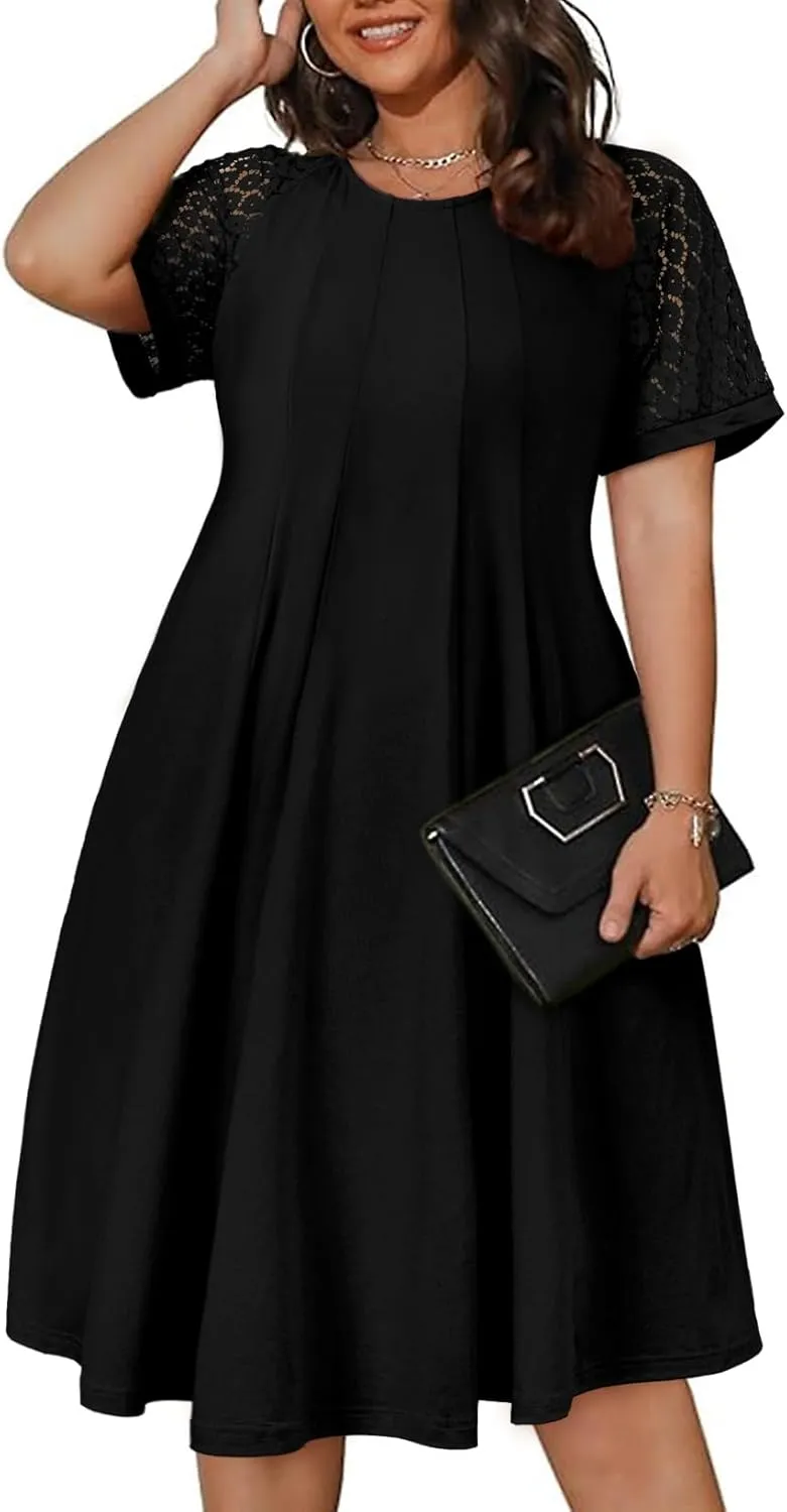 Eytino Womens Plus Size Dress Lace Short Sleeve Crewneck Casual Pleated Swing Midi Dresses with Pockets(1X-5X)