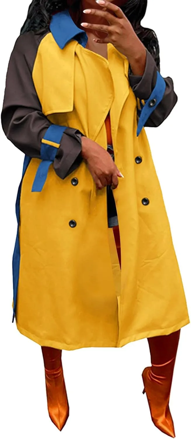 Fashion Trench Coat Women Plus Size Colorblock Long Wrap Coat with Belted Pocket Double-Breasted Notch Lapel Pea Coat